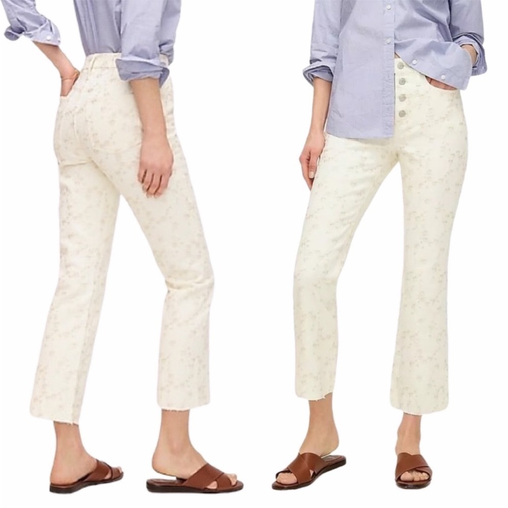 J.Crew Billie Demi Boot Crop Jeans Floral Embroidered Button Fly Denim Size 25